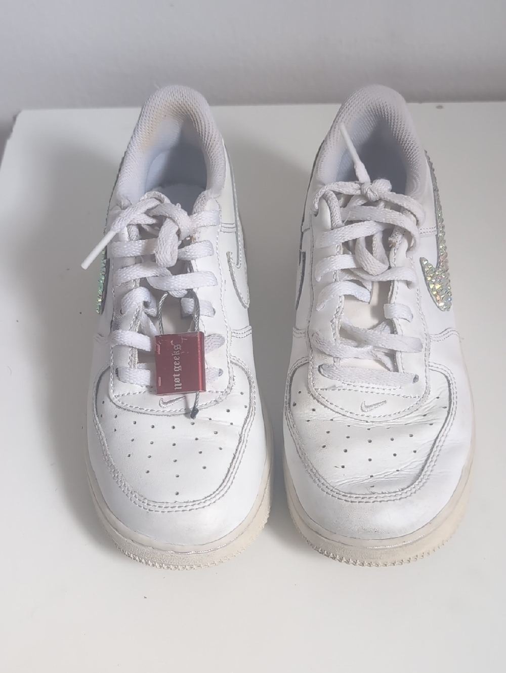 Girls Nike White Sneakers with Iridescent Rhinestone Swoosh Size 3Y.
